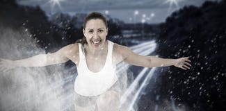 Composite image of woman bending with arms outstretched stock photos Composite image of woman bending with arms outstretched stock photos
