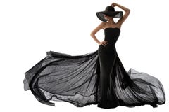 Woman Black Dress Fashion. Elegant Lady in Hat. Model Silhouette in Evening Long Black Gown Fluttering on Wind. Isolated White