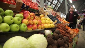 Woman buys vegetables at a farm market