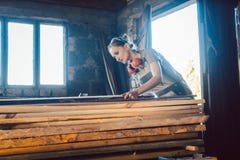 Woman Carpenter Choosing Wood In Storage For Next Project Stock Photography Woman Carpenter Choosing Wood In Storage For Next Project Stock Photography