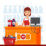 Woman cashier in supermarket with household chemicals. Seller at the counter, household supplies aisle, cleaning agents Stock Illustration Woman cashier in supermarket with household chemicals. Seller at the counter, household supplies aisle, cleaning agents Stock Illustration
