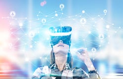 Woman in checkered shirt in vr glasses royalty free stock images Woman in checkered shirt in vr glasses royalty free stock images