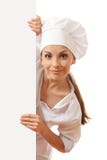 Woman Chef, Baker Or Cook Holding White Paper Sign Stock Photography