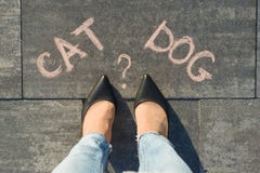 Woman before the choice cat or dog. View from above, female feet with text cat dog written on grey sidewalk. royalty free stock photos Woman before the choice cat or dog. View from above, female feet with text cat dog written on grey sidewalk. royalty free stock photos