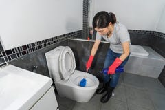 Woman cleaning toilet bowl with brush stock photos Woman cleaning toilet bowl with brush stock photos