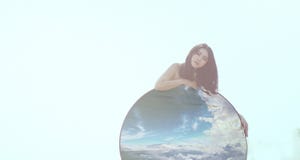 Woman Covering Her Body With Round Blue Panel Boar Royalty Free Stock Images Woman Covering Her Body With Round Blue Panel Boar Royalty Free Stock Images
