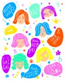 Woman faces and feministic quotes. Female art. Girl power concept card, poster, stickers stock illustration Woman faces and feministic quotes. Female art. Girl power concept card, poster, stickers stock illustration