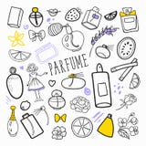 Woman Fashion Hand Drawn Doodle. Perfume Beauty Cosmetics Freehand Set royalty free illustration Woman Fashion Hand Drawn Doodle. Perfume Beauty Cosmetics Freehand Set royalty free illustration