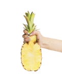 Woman female hand holding half of pineapple, isolated royalty free stock photography Woman female hand holding half of pineapple, isolated royalty free stock photography