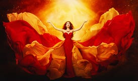 Woman in Flying Dress Raised Arms to Mystery Light, Girl in Red Gown