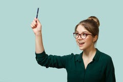 Woman in glasses smiles. idea royalty free stock photo Woman in glasses smiles. idea royalty free stock photo