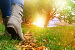 Woman in grey shoes and jeans walking on the autumn forest path stock images Woman in grey shoes and jeans walking on the autumn forest path stock images