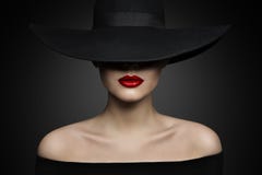 Woman Hat Lips and Shoulder, Elegant Fashion Model in Black Hat