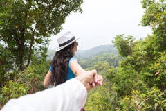 Woman Hold Man Hand Over Beautiful Mountain Landscape Back Rear View, Young Couple Tourist Royalty Free Stock Photography Woman Hold Man Hand Over Beautiful Mountain Landscape Back Rear View, Young Couple Tourist Royalty Free Stock Photography