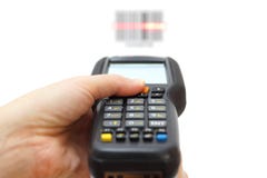 Woman hold scanner and scans barcode with laser vector illustration Woman hold scanner and scans barcode with laser vector illustration
