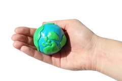 Woman holding plasticine model of planet Earth on white background, closeup