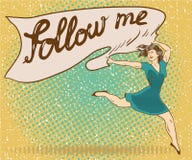 Woman holds banner with follow me sign. Pop art comic retro style vector illustration vector illustration Woman holds banner with follow me sign. Pop art comic retro style vector illustration vector illustration