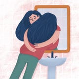 Woman hugging with reflection in bathroom mirror
