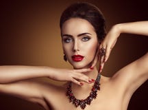Woman Jewelry, Red Gems Jewelry Necklace and Ring, Fashion Beauty royalty free stock images Woman Jewelry, Red Gems Jewelry Necklace and Ring, Fashion Beauty royalty free stock images