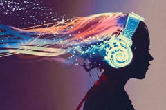 Woman with magic glowing headphones on dark background vector illustration Woman with magic glowing headphones on dark background vector illustration