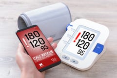 High blood pressure - calling for help with smart phone app Stock Image High blood pressure - calling for help with smart phone app Stock Image
