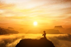 Woman meditating in sitting yoga position on the top of a mountains stock photo Woman meditating in sitting yoga position on the top of a mountains stock photo