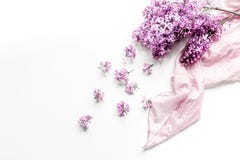 Woman office desk with scarf and lilac blossom design white background top view mockup stock photos Woman office desk with scarf and lilac blossom design white background top view mockup stock photos