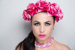 Woman pink flower wreath bright make up stock photo Woman pink flower wreath bright make up stock photo
