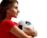 Woman player in red uniform hold soccer ball celebrating looking at the corner closeup composition on white background Royalty Free Stock Image Woman player in red uniform hold soccer ball celebrating looking at the corner closeup composition on white background Royalty Free Stock Image