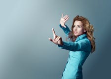 Woman Pointing at Copy Space. Focus on Hand. royalty free stock images Woman Pointing at Copy Space. Focus on Hand. royalty free stock images
