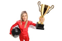 Woman racer in a suit holding a gold trophy cup Royalty Free Stock Photos Woman racer in a suit holding a gold trophy cup Royalty Free Stock Photos