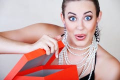 Woman and red box surprise Royalty Free Stock Photos Woman and red box surprise Royalty Free Stock Photos