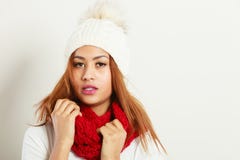 Woman with red winter clothing stock photo Woman with red winter clothing stock photo