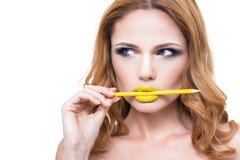 Woman's face with fashion yelow lips make-up stock images Woman's face with fashion yelow lips make-up stock images
