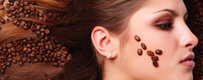 Woman S Face With Coffee Beans Stock Photo Woman S Face With Coffee Beans Stock Photo