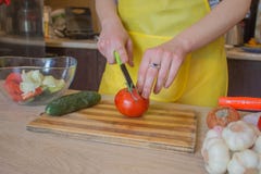 Woman`s Hands Cutting Pepper, Behind Fresh Vegetables. Woman Cook At The Kitchen. Chef Cuts The Vegetables Into A Meal. Preparing Stock Photos