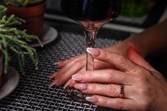 Woman`s hands holding glass of wine stock image Woman`s hands holding glass of wine stock image
