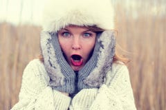 Woman in shock wearing hat and gloves stock images Woman in shock wearing hat and gloves stock images