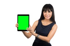 Woman showing tablet computer screen stock photos Woman showing tablet computer screen stock photos