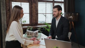 Woman sign mortgage contract, put signature on sale purchase rental agreement, handshaking realtor at meeting with stock video footage Woman sign mortgage contract, put signature on sale purchase rental agreement, handshaking realtor at meeting with stock video footage