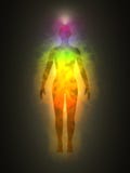 Woman silhouette with aura, chakras, energy