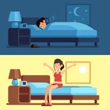 Woman sleeping waking up. Girl relaxing bedroom night, awake morning stretching sitting on mattress. Female good sleep stock illustration Woman sleeping waking up. Girl relaxing bedroom night, awake morning stretching sitting on mattress. Female good sleep stock illustration