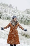 Woman standing in snow in awe of winter scene Stock Images Woman standing in snow in awe of winter scene Stock Images