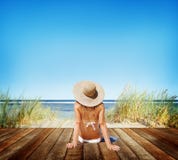 Woman Sunbathe Sunny Summer Beach Relaxing Concept royalty free stock images Woman Sunbathe Sunny Summer Beach Relaxing Concept royalty free stock images