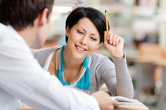 Woman Talks With Man At The Library Stock Photos Woman Talks With Man At The Library Stock Photos