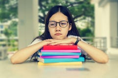 Woman Tired Student Girl With Glasses And Books On Desk, Bored A Stock Images
