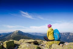 Woman Traveler with Backpack hiking in the Mountains and beautiful summer landscape stock photos Woman Traveler with Backpack hiking in the Mountains and beautiful summer landscape stock photos
