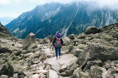Woman traveler with backpack tracking sticks top mountain Stock Photo Woman traveler with backpack tracking sticks top mountain Stock Photo
