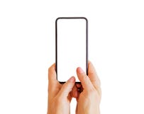 Person typing something on phone with empty white screen. Mobile app mockup. Royalty Free Stock Photography Person typing something on phone with empty white screen. Mobile app mockup. Royalty Free Stock Photography