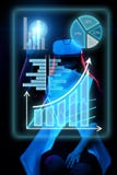 Woman uses a virtual reality headset to work with data in the form of graphs and charts. stock photography Woman uses a virtual reality headset to work with data in the form of graphs and charts. stock photography
